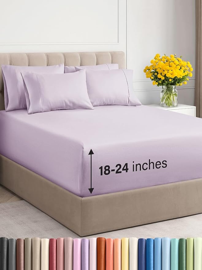 Extra Deep Cal King Sheet Set - 6 Piece Breathable & Cooling Sheets - Hotel Luxury Bed Sheets Set - Easy Fit - Soft, Wrinkle Free & Comfy Sheets Set - Light Lavender Sheet Set w/Extra Deep Pockets