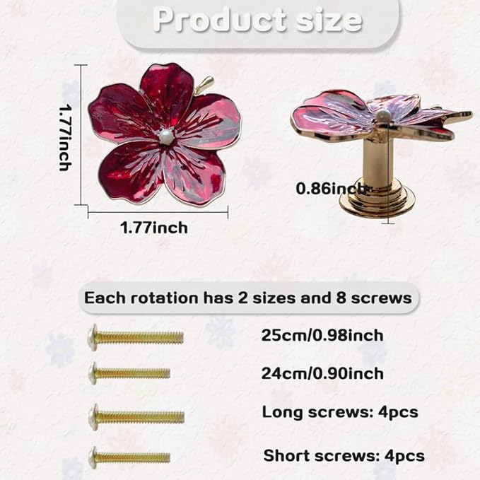 4 Pcs Petal Cabinet Knobs Creativity Flower Shaped Drawer with Metal Handles Screws for Dresser Handles Cabinet Wardrobe Door Handle Decorative Furniture (Red)