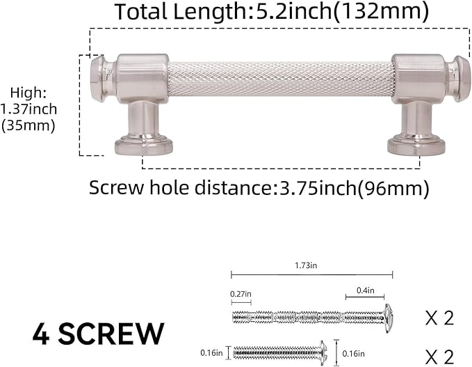 10 Pack 3-3/4 inch(96mm) Brushed Satin Nickel Kitchen Cabinet Handles Knurled Cabinet Pulls Silver Drawer Pulls Kitchen Cabinet Hardware