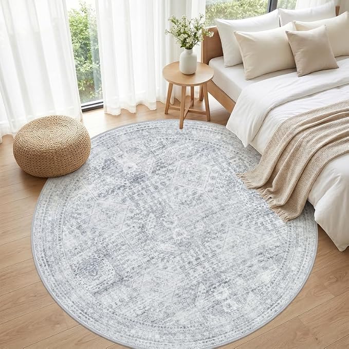Round Area Rug Living Room: 6ft Neutral Washable Carpet Rug Gray | Vintage Boho - Image 4