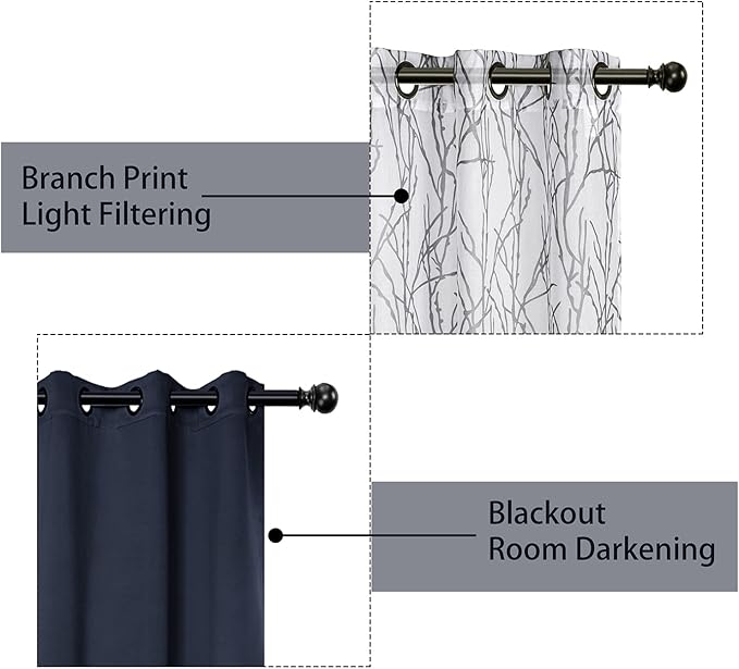 BONZER Mix and Match Curtains - 2 Pieces Branch Print Sheer Curtains and 2 Pieces Blackout Curtains for Bedroom Living Room Grommet Window Drapes, 54x95 Inch/Panel, Grey Dark, Set of 4 Panels