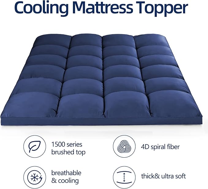 Mattress Topper Queen for Back Pain, Extra Thick Mattress Pad Cover, Plush Pillow Top, Deep Elastic Pocket, Navy