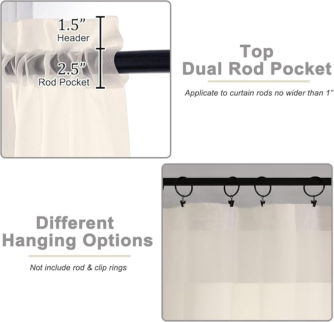 Sheer Cream Curtains for Bedroom Living Room 90 Inches Long 2 Panels Set - Image 4