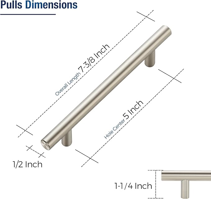 JOY DECOR 45 Pack Cabinet Handles, Brushed Nickel Cabinet Pulls, 5 in Hole Center Kitchen Cabinet Handles, Stainless Steel T Bar Handles for Dresser Drawers