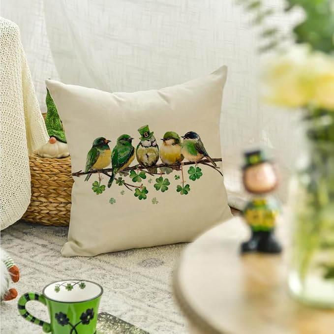 RABUSOFA St.Patricks Day Pillow Covers 18x18 Inch, Birds Shamrock Decorations - Image 3