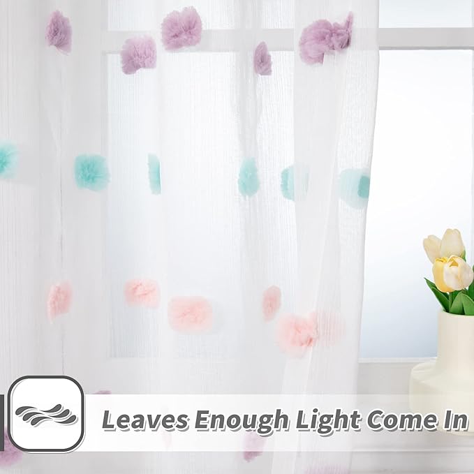 MYSKY HOME Living Room Curtains for Window Rainbow Pom Pom Curtains 120 Inch Length Long for Bedroom Set of 2 Semi White Sheer Curtains Parties Farmhouse Rod Pocket Boho Backdrops 37" x 120"
