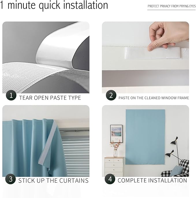 Self Adhesive Curtains, Use for Bedroom, Lake Blue, 2 Panels - Image 3