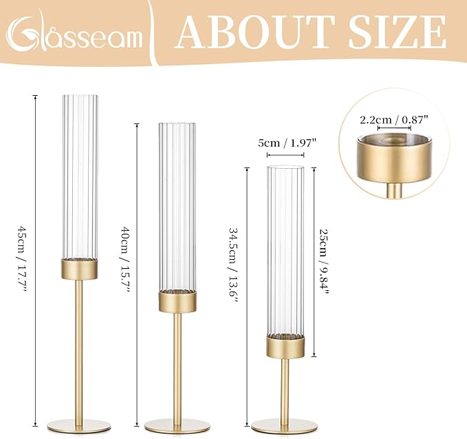 Glasseam Tapered Gold Candlestick Holders: 6 Pcs Tall Brass Taper Candle Holder with Ribbed Glass Cylinder - Hurricane Fluted Candle Holders for Table Centerpiece Wedding Party Christmas Decorations
