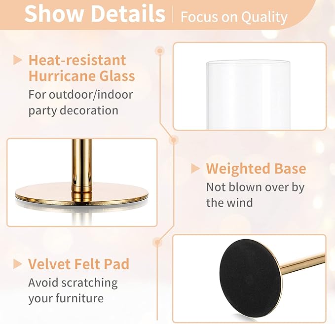NUPTIO Gold Candlestick Holders Bulk: Set of 18 Glass Hurricane Taper Candle Holders - Decorative Candle Stick Stand for Fall Christmas Fireplace Dining Table Decor