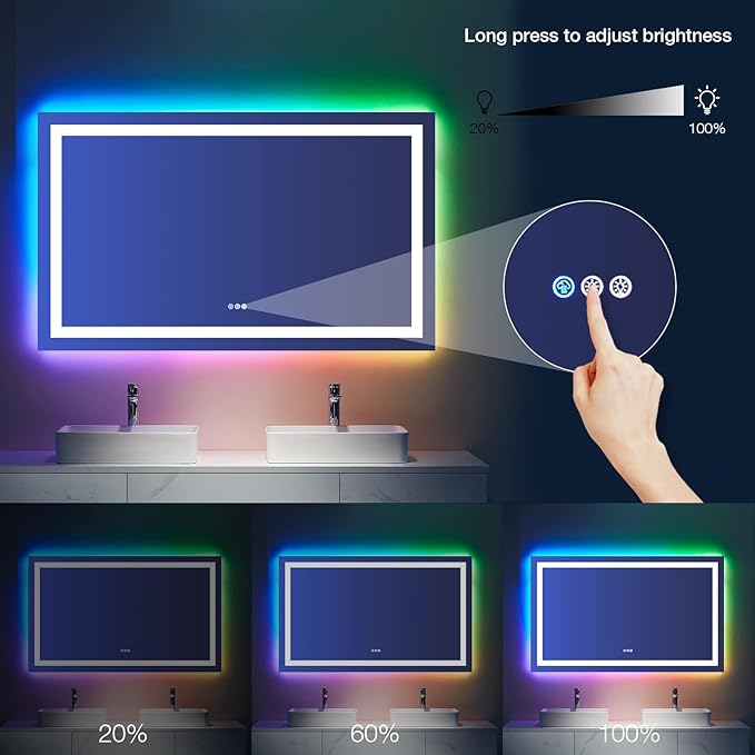 LOAAO 24”X30“ RGB LED Bathroom Mirror with Lights, Large, Anti-Fog, Dimmable Smart Lighted Bathroom Vanity Mirror, Multiple Light Modes, RGB Backlit + Front Light, Memory Function, Tempered Glass
