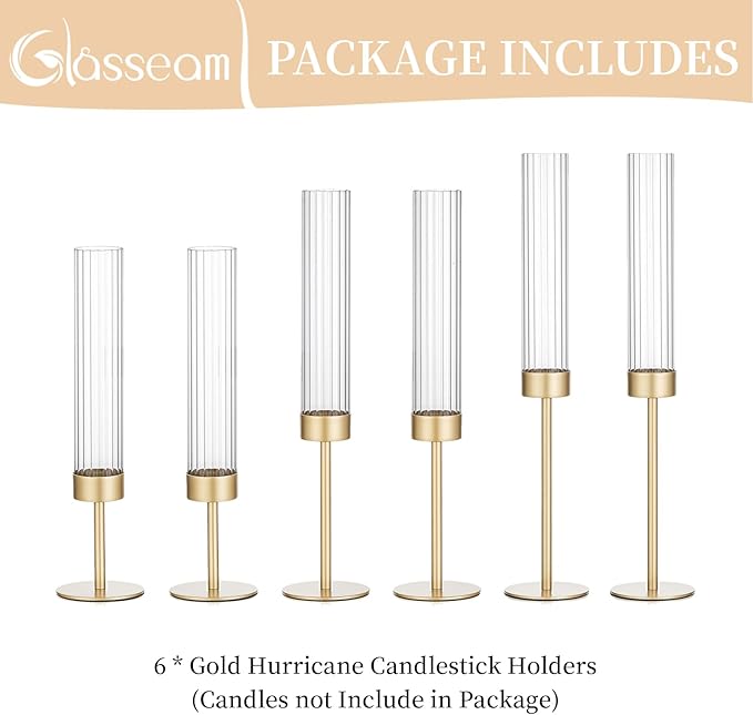 Glasseam Tapered Gold Candlestick Holders: 6 Pcs Tall Brass Taper Candle Holder with Ribbed Glass Cylinder - Hurricane Fluted Candle Holders for Table Centerpiece Wedding Party Christmas Decorations