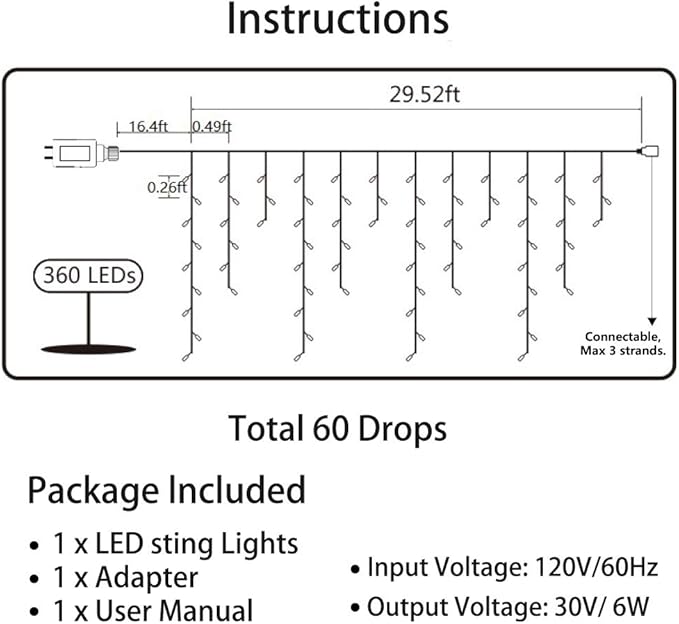 Toodour Christmas Icicle Lights Outdoor, 360 LED 29.5ft 8 Modes Fairy Icicle String Light with 60 Drops, Led Christmas Lights Twinkle for Holiday, Party, Wedding, Eaves, Xmas Decorations (White)