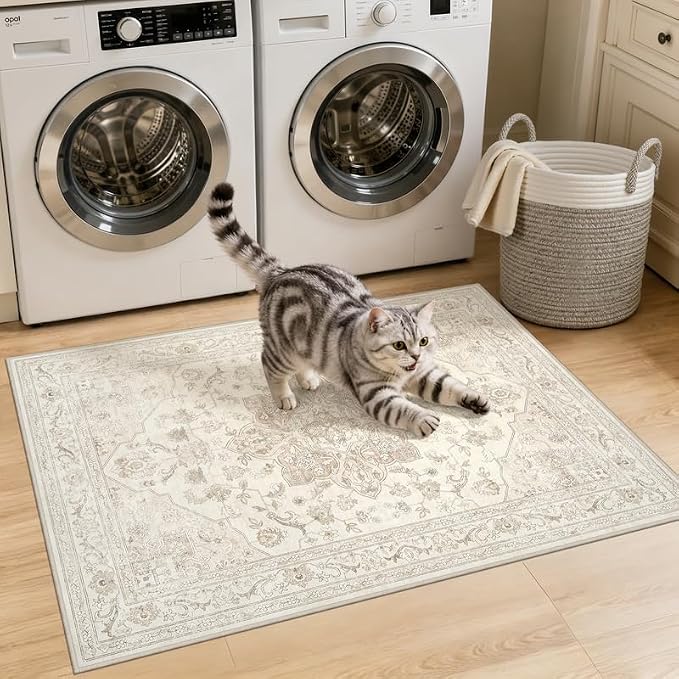 Washable Area Rugs 2x3: Living Room Bedroom Carpet Beige White | Vintage Boho - Image 2