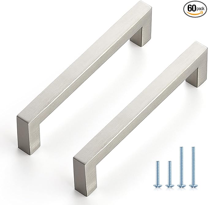 Ravinte 60 Pack Cabinet Handles Square Cabinets Cupboard Handles Brushed Nickel Drawer Pulls Stainless Steel Kitchen Cabinet Pulls Cabinet Hardware Drawer Handles 5 inch Hole Center