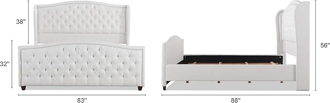 Jennifer Taylor Home Marcella Upholstered Shelter Headboard Bed Set, King, Bright White Polyester