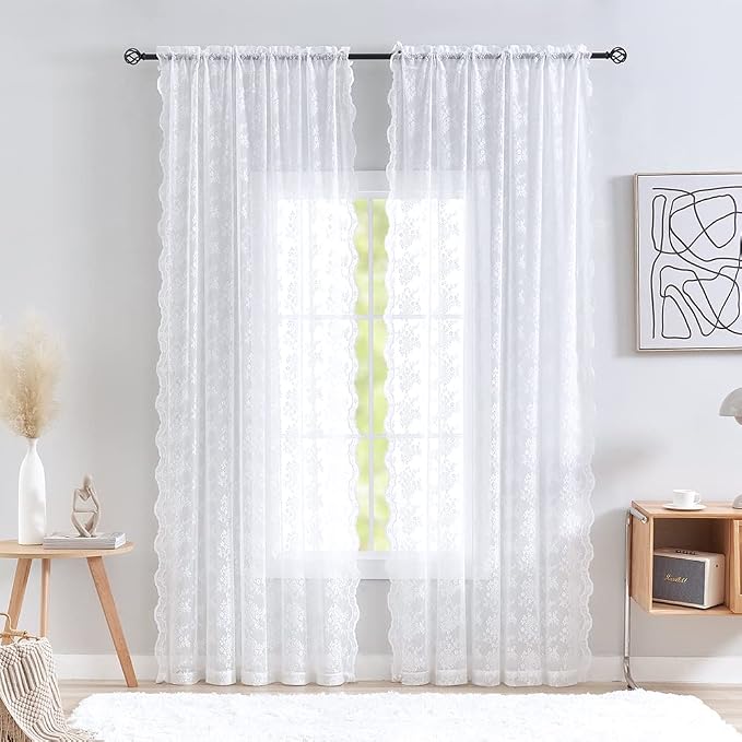 YJ YANJUN Vintage Lace Curtains 63 Inches Length- Elegance Floral White Sheer - Image 2