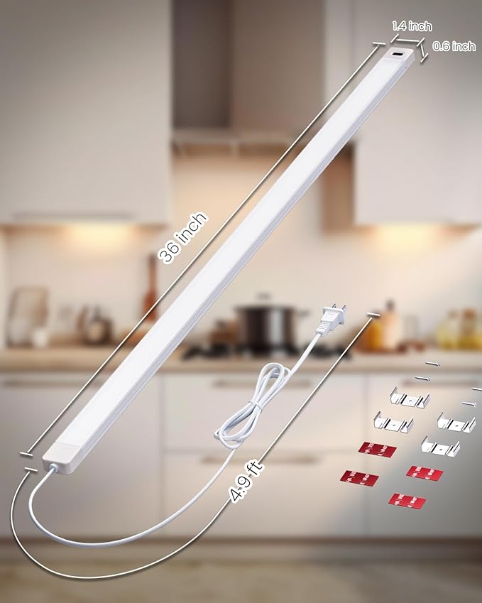 MYPLUS 2Pcs 36 Inch Under Cabinet Lights with Hand Wave, Under Counter Lighting 4000K Natural White,Dimmable,Plug and Play,LED Lights for Kitchen Cabinet, Cupboard, Closet, Desk