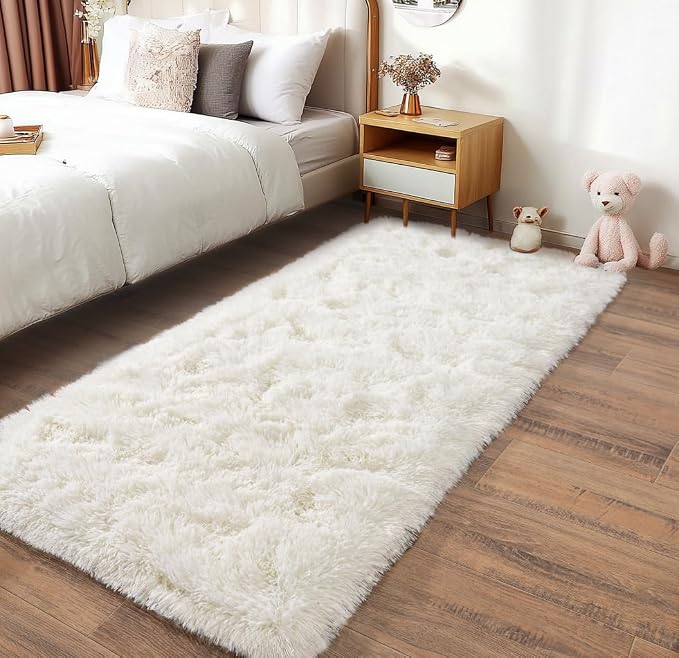 Pionblank Fluffy Runner Rugs for Bedroom 2x6, Cream White | Modern Shaggy Area - Image 2
