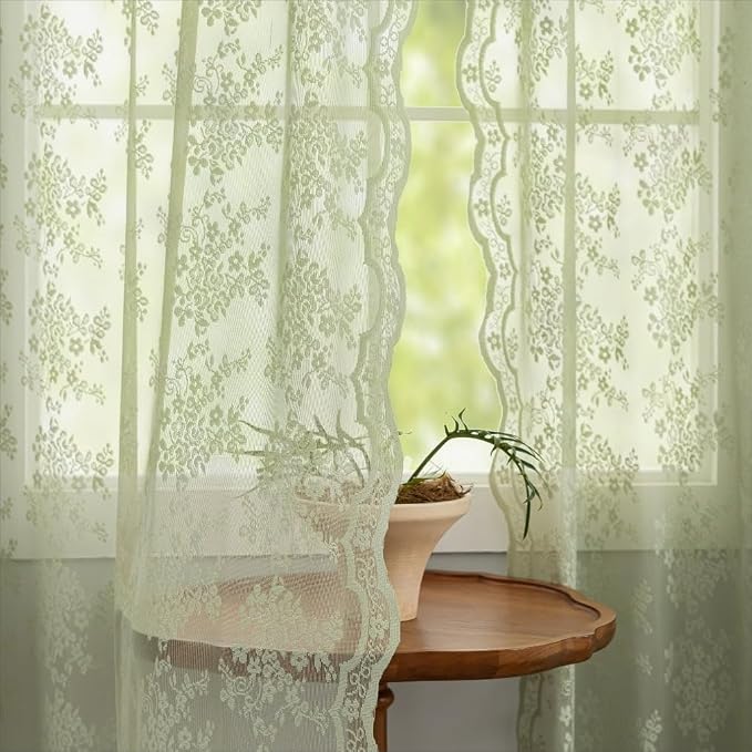 YJ YANJUN Vintage Lace Curtains 96 Inches Long- Victorian Floral Boho Green - Image 2
