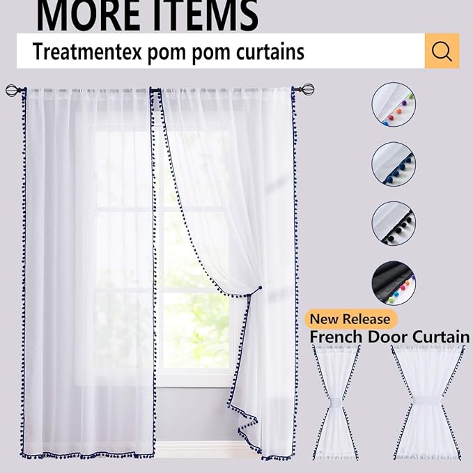 Treatmentex Pink Sheer Curtains for Girls-Room 108inch Long Window Drapes with Cute Pom Pom Design for Salson Party Ceremony Birthday Décor 52" w X 2 Pack