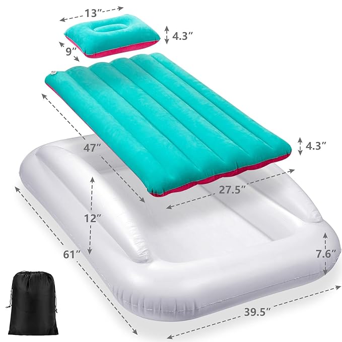 Inflatable Toddler Travel Bed, Portable Toddler Bed | Kids Air Mattress with Sides | Reversible 2 Colors Kids Blow Up Mattress -Mint Green & Pink