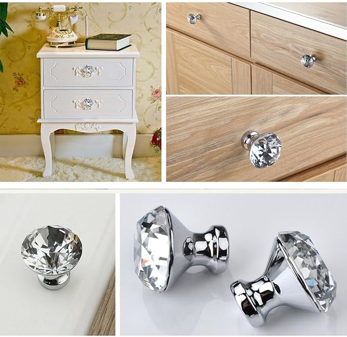 30mm Kitchen Cabinet Knobs Drawer Pull Handle Hardware, Crystal Clear Glass Round Diamond Shape Dresser Closet Bi-fold Door Bathroom Cupboard Desk Nightstand Furniture Decorative Drawer Knobs （10PCS）