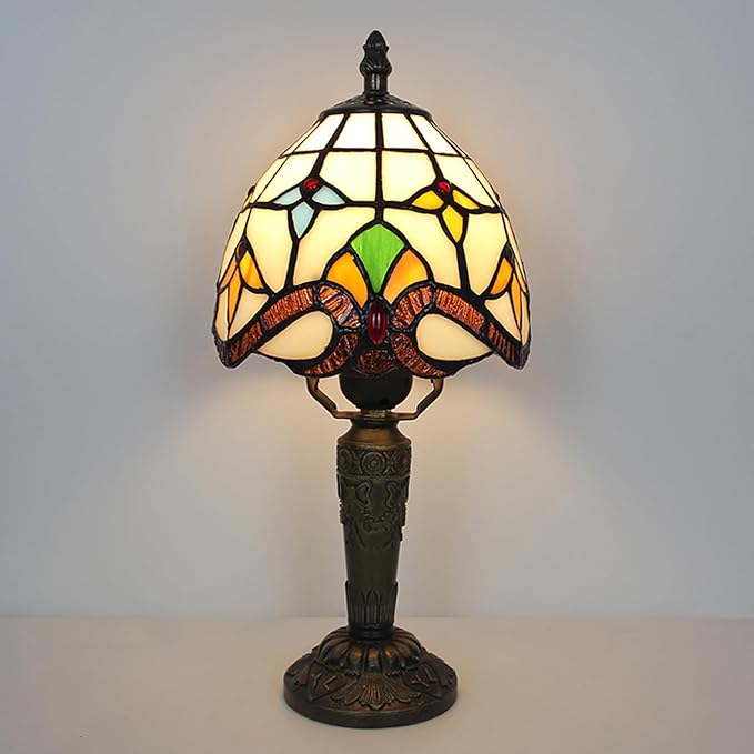 Tiffany Small Lamp Baroque Stained Glass Table Lamp 3 Way Color-Temparetures Bedside Nightstand Table Lamps for Bedroom Living Room Home Office Desk Light W/LED Bulb 6X6X12.5Inch