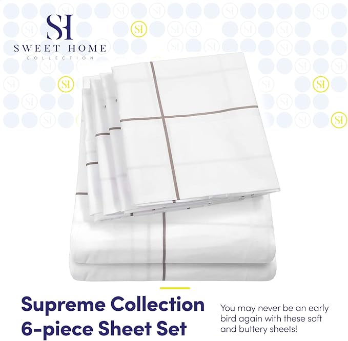 King Size Bed Sheets - 6 Piece 1500 Supreme Collection Fine Brushed Microfiber Deep Pocket King Sheet Set Bedding - 2 Extra Pillow Cases, Great Value, King, Window Pane White