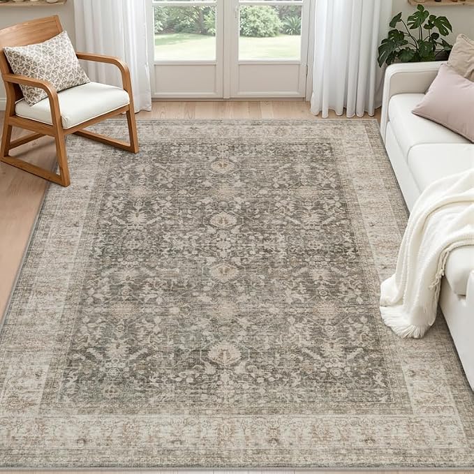 5x7 Area Rugs Living Room: Bedroom Washable Carpet Warm Taupe | Large Vintage by Luxturiy