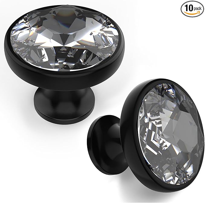 Asidrama Matte Black Kitchen Cabinet Knobs - 10 Pack Clear Crystal Drawer Knobs for Dresser and Cabinet Hardware