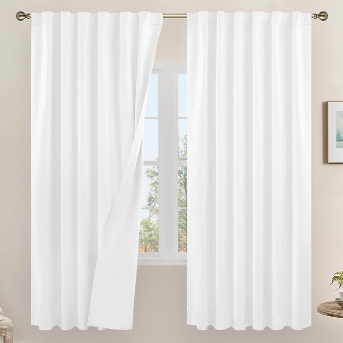 White 100% Blackout Linen Bedroom Curtains 72 Inches 2 Panels | Neutral Curtains by LAMIT
