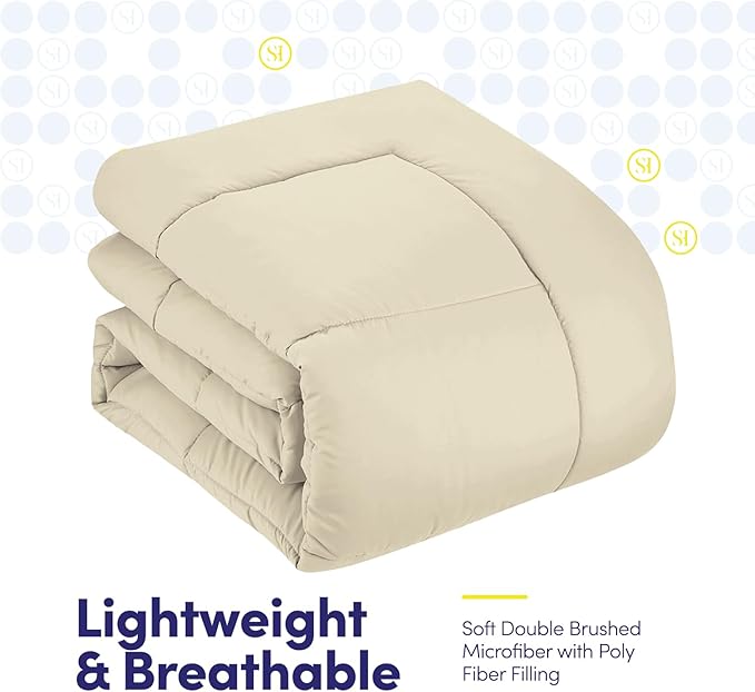 Sweet Home Collection 7 Piece Comforter Set Bag Solid Color All Season Soft Down Alternative Blanket & Luxurious Microfiber Bed Sheets, Beige, Queen