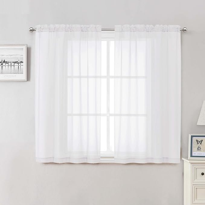 White Sheer Curtains 48 Inch Length 2 Pcs, Light Filtering Voile Bathroom by Lecloud