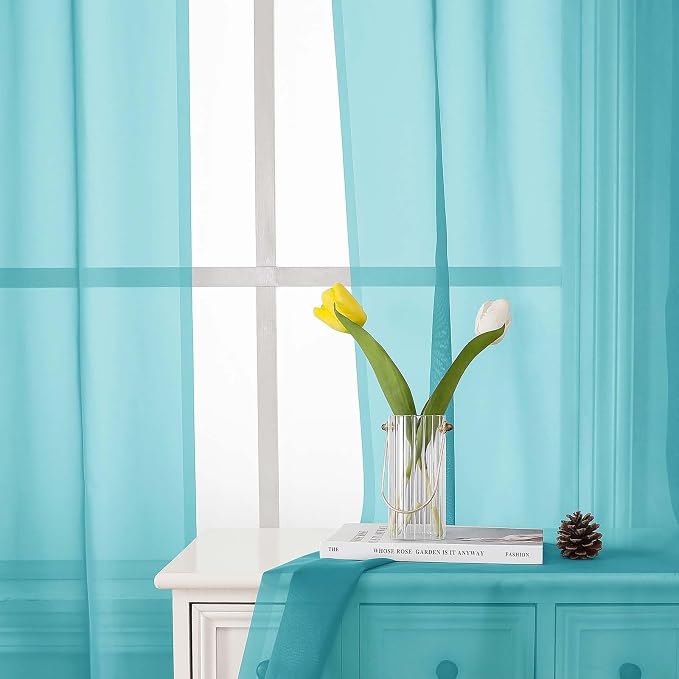Aqua Sheer Curtains for Bedroom 54 Inch Length 2 Pcs, Rod Pockets Solid Color - Image 7