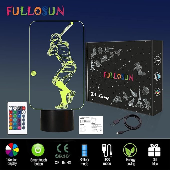 FULLOSUN Baseball 3D Night Light, Sport Gifts Bedside Lamp for Xmas Holiday Birthday Gifts for Baseball Fan with Remote Control 16 Colors Changing + 4 Changing Mode + Dim Function