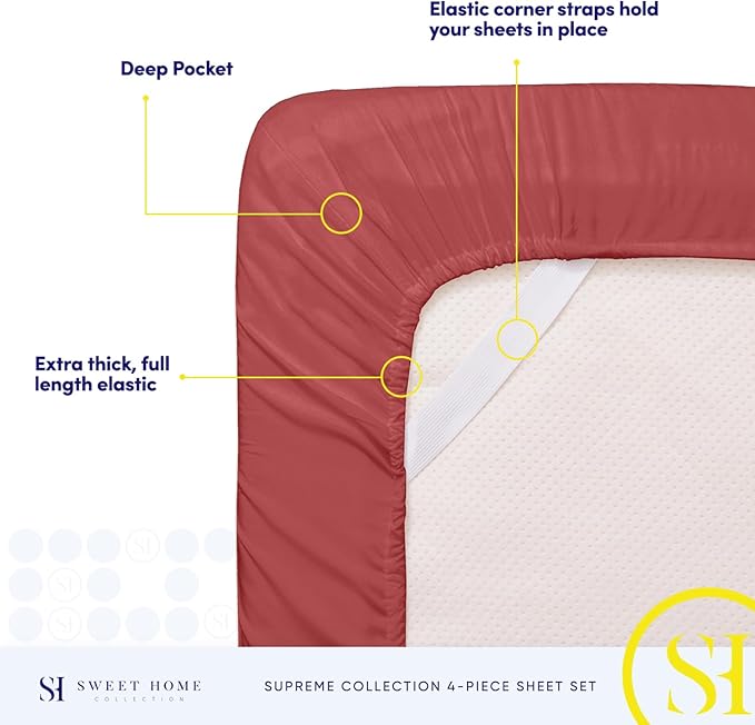 RV Queen Bed Sheets - Breathable Luxury Sheets with Full Elastic & Secure Corner Straps Built In - 1800 Supreme Collection Extra Soft Deep Pocket Bedding Set, Sheet Set, RV Short Queen, Burgundy