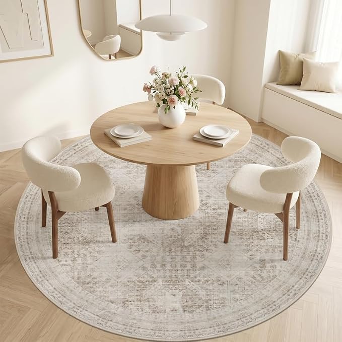 Round Area Rug Living Room: 6ft Neutral Washable Carpet Rug Brown | Vintage - Image 2