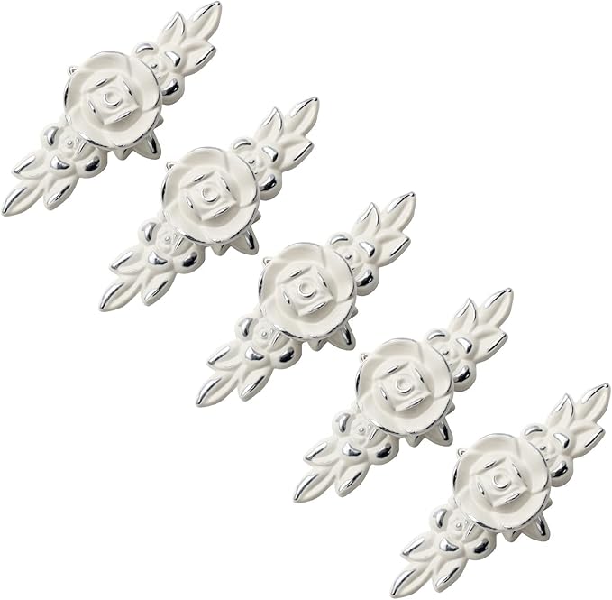 Uenhoy 5 Pcs Rose Cabinet Knobs with Backplate, Vintage Floral Drawer Knob Pulls, Zinc Alloy Rose Flower Drawer Pull Handles for Cabinets and Dresser - 4 Inch, Ivory White with Silver Trim