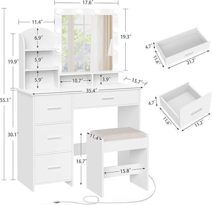 Quimoo Makeup Vanity with 10 Light Bulbs and Charging Station, Vanity Desk with Lighted Mirror & 4 Drawers, Vanity Table Set with Cushioned Stool,White