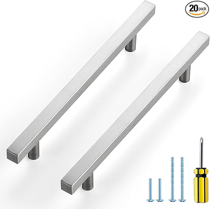 Ravinte Brushed Nickel Cabinet Handles 20 Pack 6-3/10 inch Satin Nickel Square Cabinet Pulls Silver Hardware for Kitchen Cabinets 8-4/5 inch Overall Length Stainless Steel Drawer Pulls