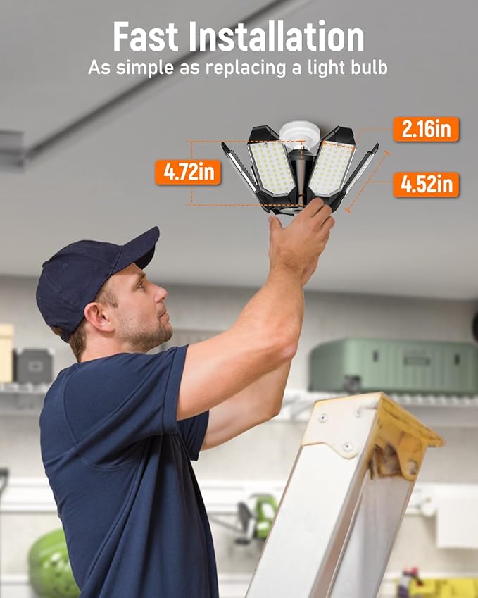 Adiding LED Garage Ceiling Light -10000Lm Deformable Ultra Bright Screw in LED Basement Lights 6500K 6 Adjustable Panels Shop Light fit for E26 E27 Bulb Socket for Workshop Storage Attic Utility Bay