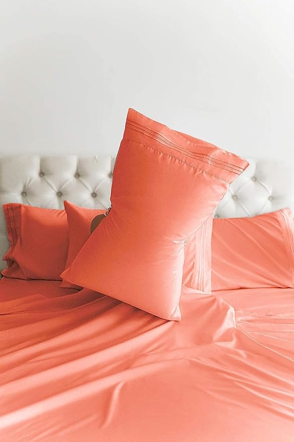 Cal King 6 Piece Sheet Set - Comfy Breathable & Cooling - Ultra-Soft Hotel Luxury Bedding Set with 8-16 Inch Deep Pockets - 1 Flat & 1 Fitted Sheet & 4 Pillowcases - Wrinkle Free & Easy Care - Coral