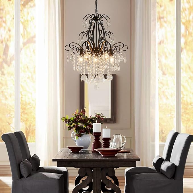 WUZUPS Crystal Chandelier 5-Light Pendant Ceiling Light Modern Lighting Fixture for Bedroom Hallway Bar Kitchen Bathroom, H 22.6'' x W 19.2'', E12 Base, Black
