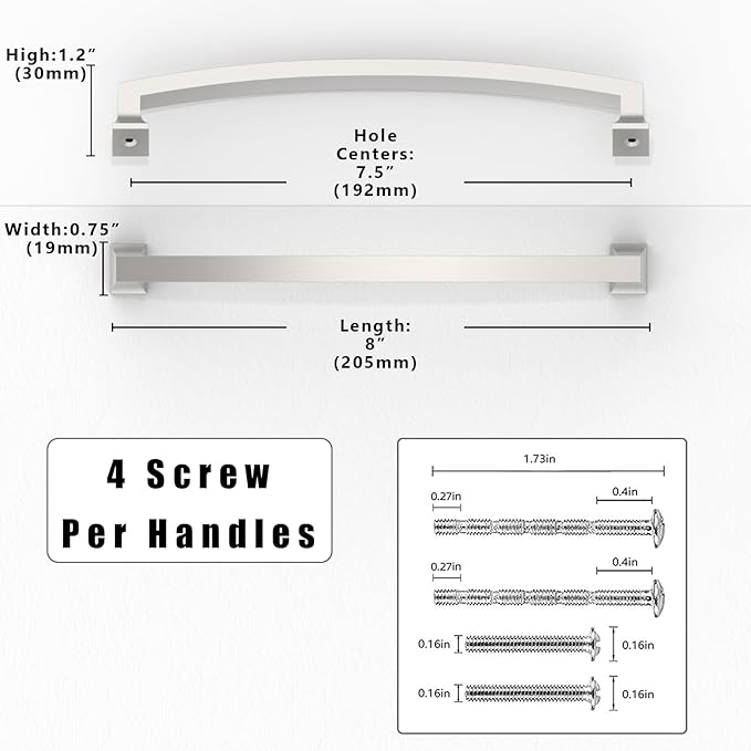 10 Pack Brushed Satin Nickel Cabinet Pulls 7.5 Inch(192mm) Kitchen Cabinet Handles Solid Zinc Alloy Cabinet Hardware Drawer Pulls