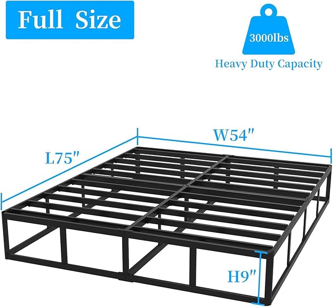 Full Box Spring, 9 Inch Metal Full Size Box Spring Only, Heavy Duty Metal Frame Mattress Foundation Support for 3000lbs, Easy Assembly, Noise Free, Non Slip