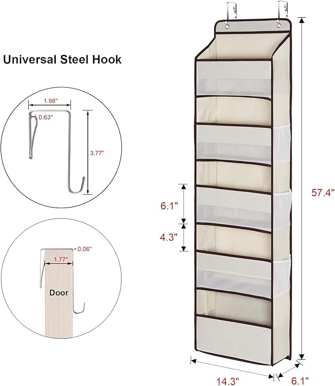 Univivi 1 Pack Over The Door Organizer, Non-Tilting Over The Door Organizer Hanging Door Storage With 5 Large Compartments 6 Side Pockets for Nursery Storage (Beige)