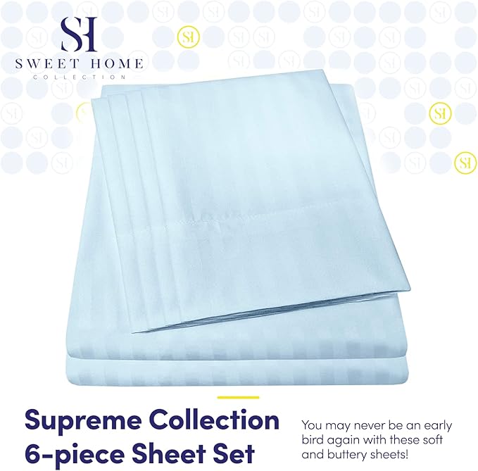 Dobby Stripe Queen Sheets - 6 Piece 1500 Supreme Collection Fine Brushed Microfiber Deep Pocket Queen Sheet Set Bedding - 2 Extra Pillow Cases, Great Value, Queen, Dobby Light Blue