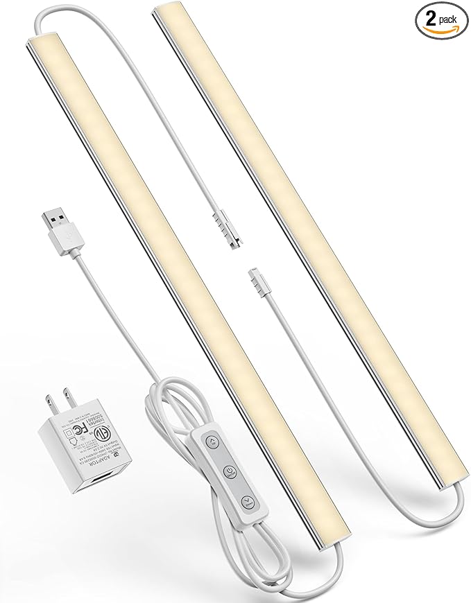 Plug-in Under Cabinet Lighting, Dimmable Under Counter Lights for Kitchen, 2pcs 12 Inch, Warn White 3000K Linkable USB Led Closet Light, Wired Indoor Night Lights Bar for Desk,Sink,Workbench