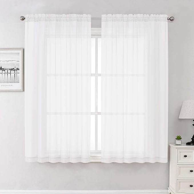 White Sheer Curtains 63 Inch Length 2 Pcs, Light Filtering Rod Pockets Window by Lecloud