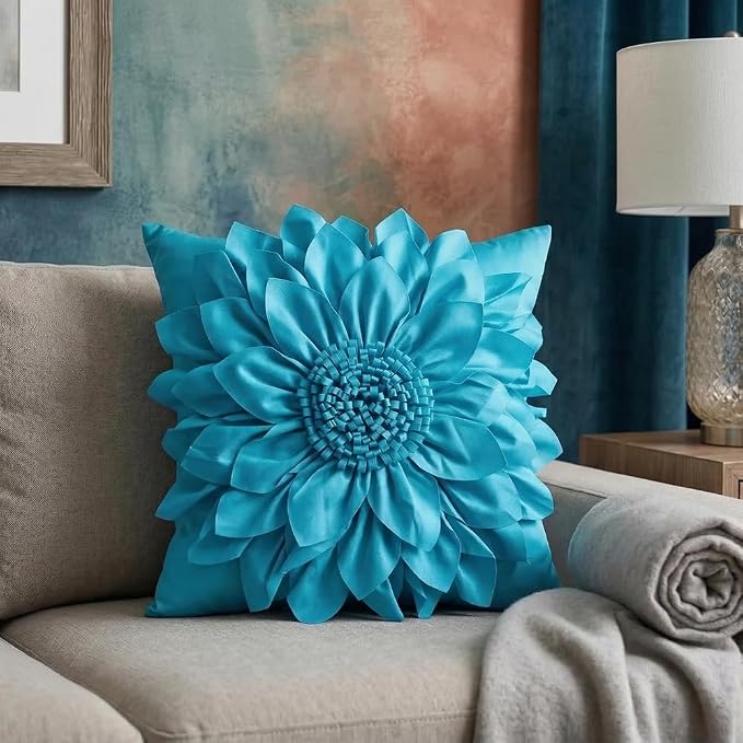 Teal Blue Accent Flower Decorative Throw Pillow Covers - Image 3